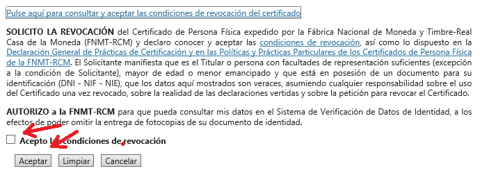FNMT ceres. Aceptación de los términos y condiciones y revocación del certificado en la solicitud de revocación de Certificado Digital fnmt de Persona Física. 