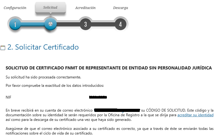 FNMT ceres. Solicitud exitosa en la solicitud de Certificado Digital fnmt de Entidad sin Personalidad Jurídica. 