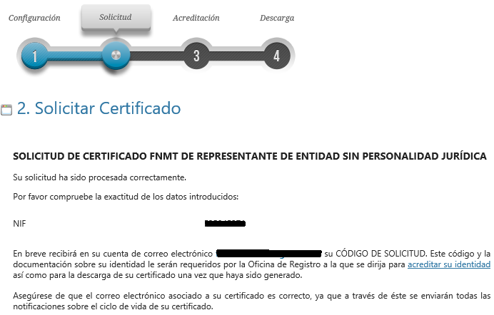 FNMT ceres. Solicitud exitosa en la solicitud de Certificado Digital fnmt de Entidad sin Personalidad Jurídica.