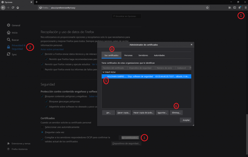 Pasos a seguir para eliminar un Certificado Digital en Mozilla Firefox.